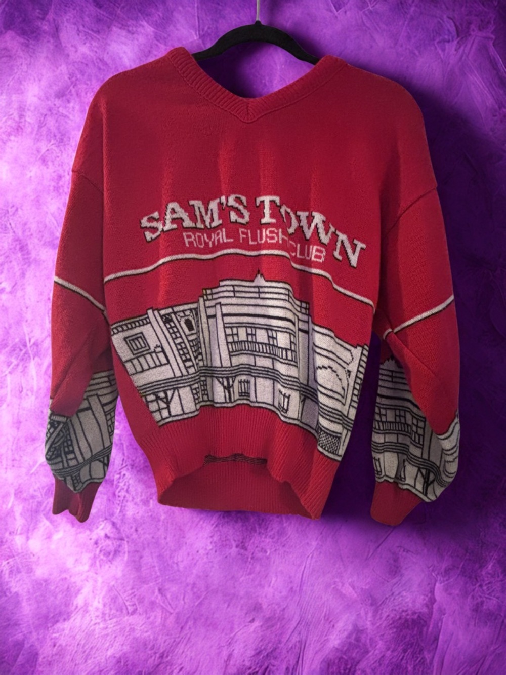 Vintage Sam’s Town Las Vegas Royal Flush Club Sweater Red Knit Size L Paragan
